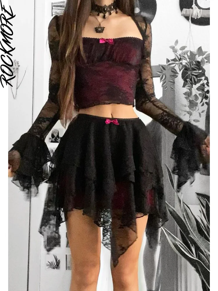 

Rockmore Goth Mall Mini Skirts Women Low Waist Pleated Skirt Y2K Aesthetic Patchwork Lace Skirt 90s Dark Academic Outfits Black