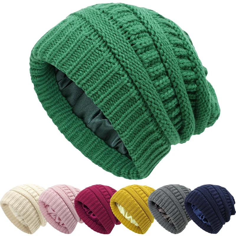 

Warm Knitted Baggy Beanie Hat Winter Silk Satin Lined Chunky Cap Women Slouchy Skullies Wool Beanies Outdoor Skiing Cycling Caps