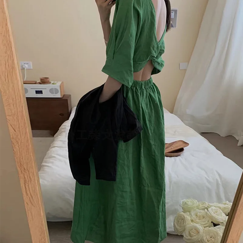 

Женское льняное платье в стиле ретро, длинное облегающее платье с круглым вырезом и эластичной талией, лето 2023