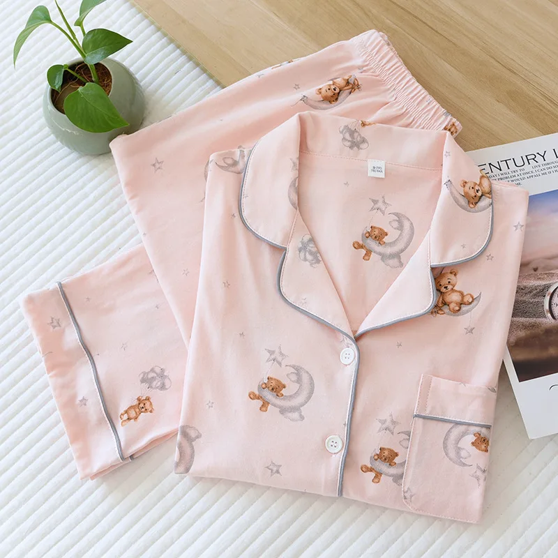 Women Cartoon Bear Pink Color Cotton Pajamas Set 2 Pieces Pajamas Sleepwear Set Long Sleeves Soft Comfort Pyjamas PJ Set