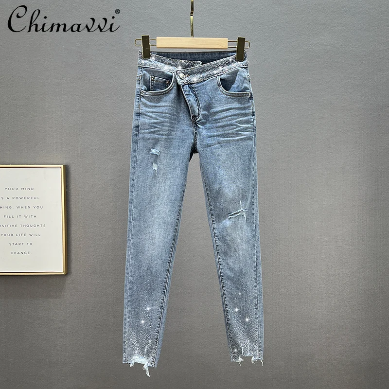 

Jeans for Women 2022 Spring Clothes New Fashion High Waist Slim Fit European Style Hot Rhinestone Cropped Tappered Pencil Pants