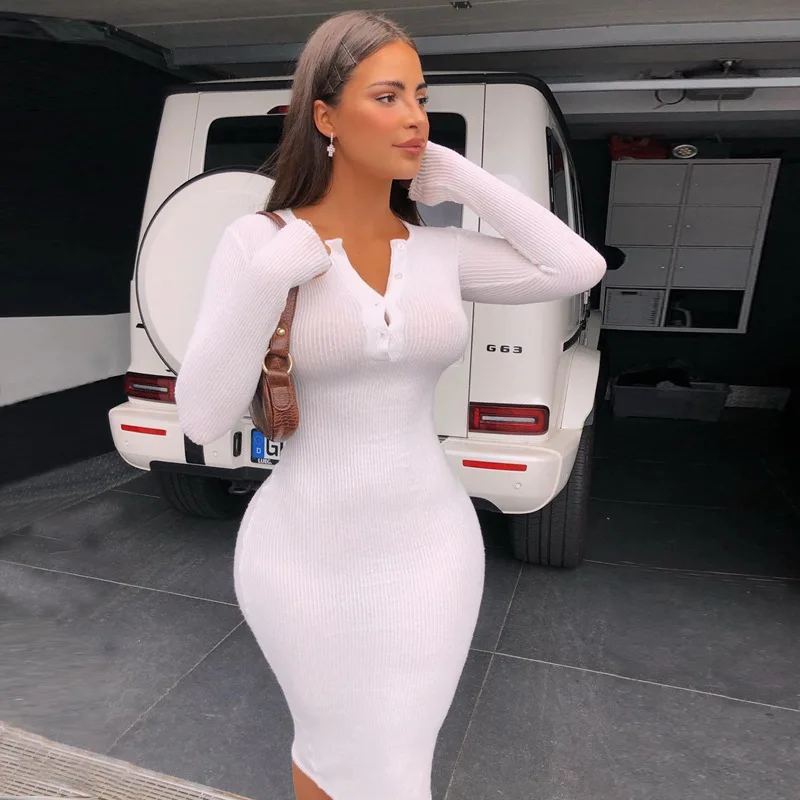 

Balogun Midi Bodycon Dresses For Women 2022 V Neck Button Long Sleeve High Waist Elastic Black Dress Party White Sexy Dress