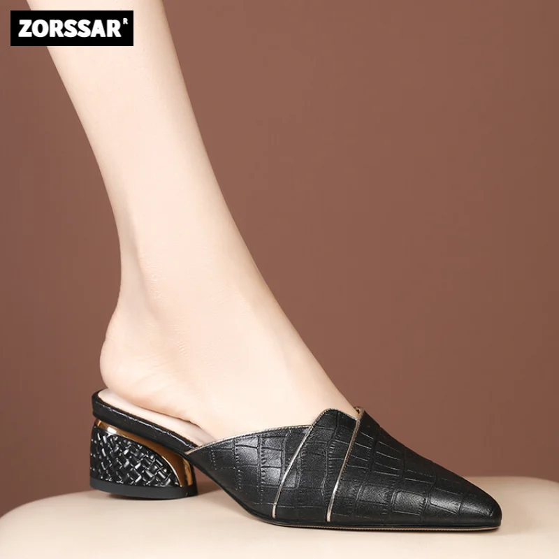 

2023 New Women Sandals Summer Fashion Ladies Slides Pointed toe Low heel Mules Shoes Outdoors women Slippers Plus Size 34-41