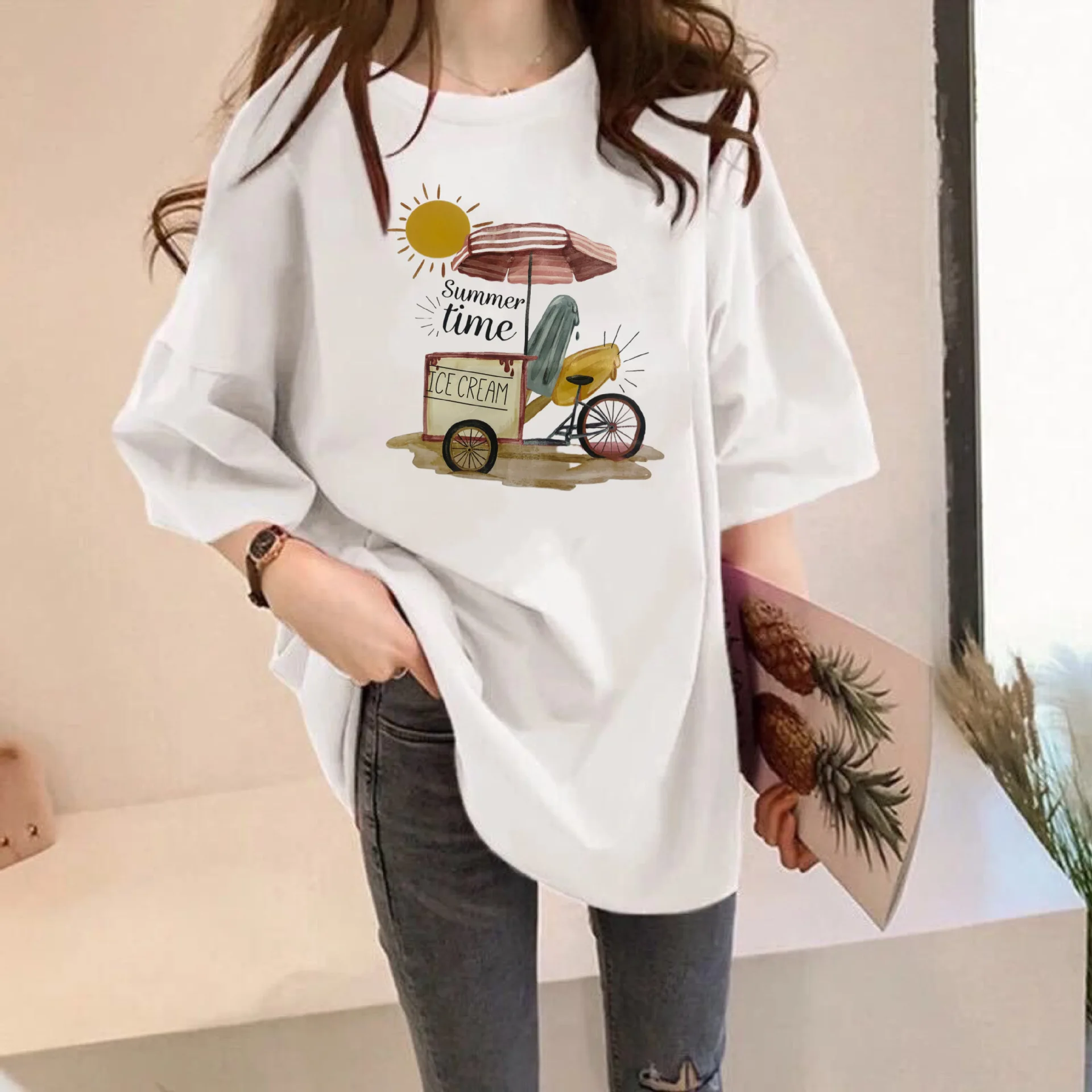 

Anbenser Korean Style Summer Female T-shirts Women Short-Sleeved Cartoon Printed Tops Harajuku Simple Basic Tee Shirt Feminina