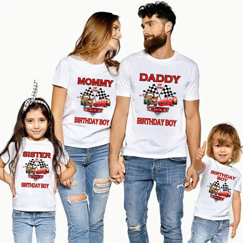 

Disney Family Matching Outfits For Birthday Boy Car Pixar Lightning McQueen Theme Family Look T-shirt Kids Clothes Father Mother