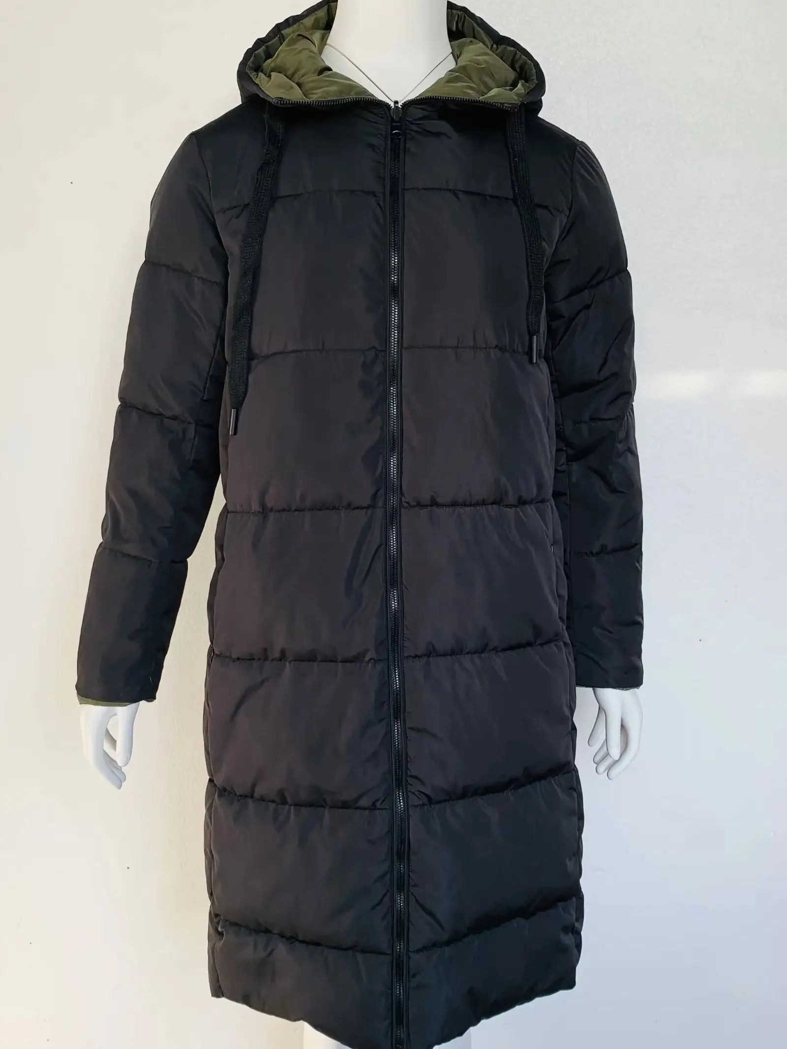 Winter Women's Black Two Wear Hooded Zipper Long Sleeve Loose Long Cotton Jacket Warm Fashion