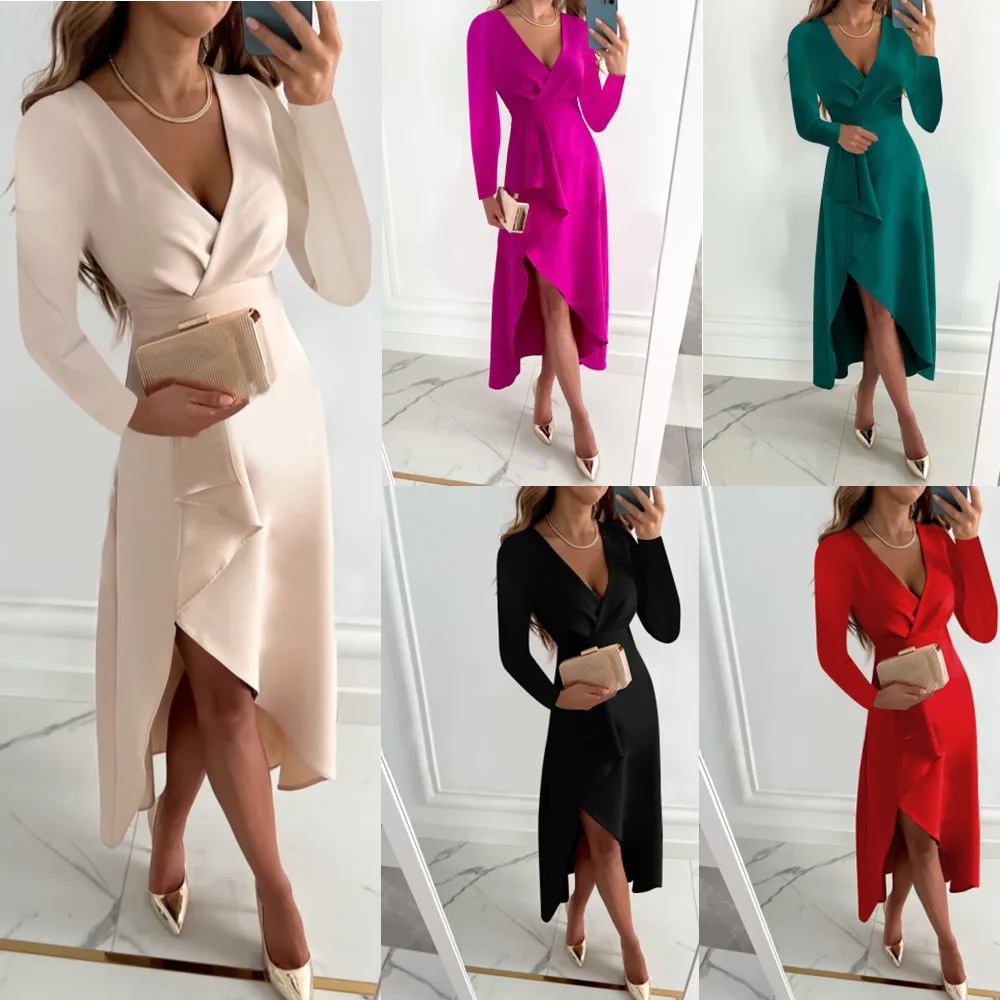 

2022 Autumn winter Casual v-neck split maxi dress women Elegant long sleeves lace up wrap dresses Female holiday solid vestido