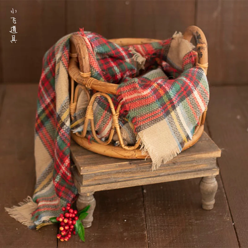 Dvotinst Newborn Photography Props for Baby Christmas Plaid Vintage Tassel Blanket Wraps Studio Shoots Fotografia Photo Props