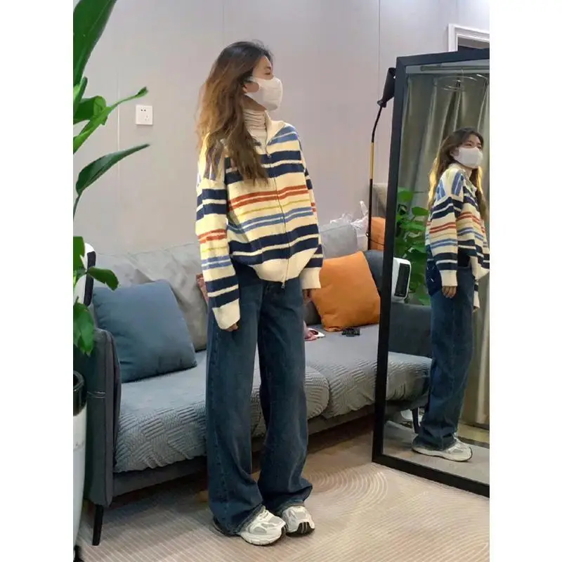 

Vintage Knitted Cardigan 2023 Autumn Winter New Loose Contrast Women Stand-Up Collar Outwear Sweater Zipper Thick Coat X73