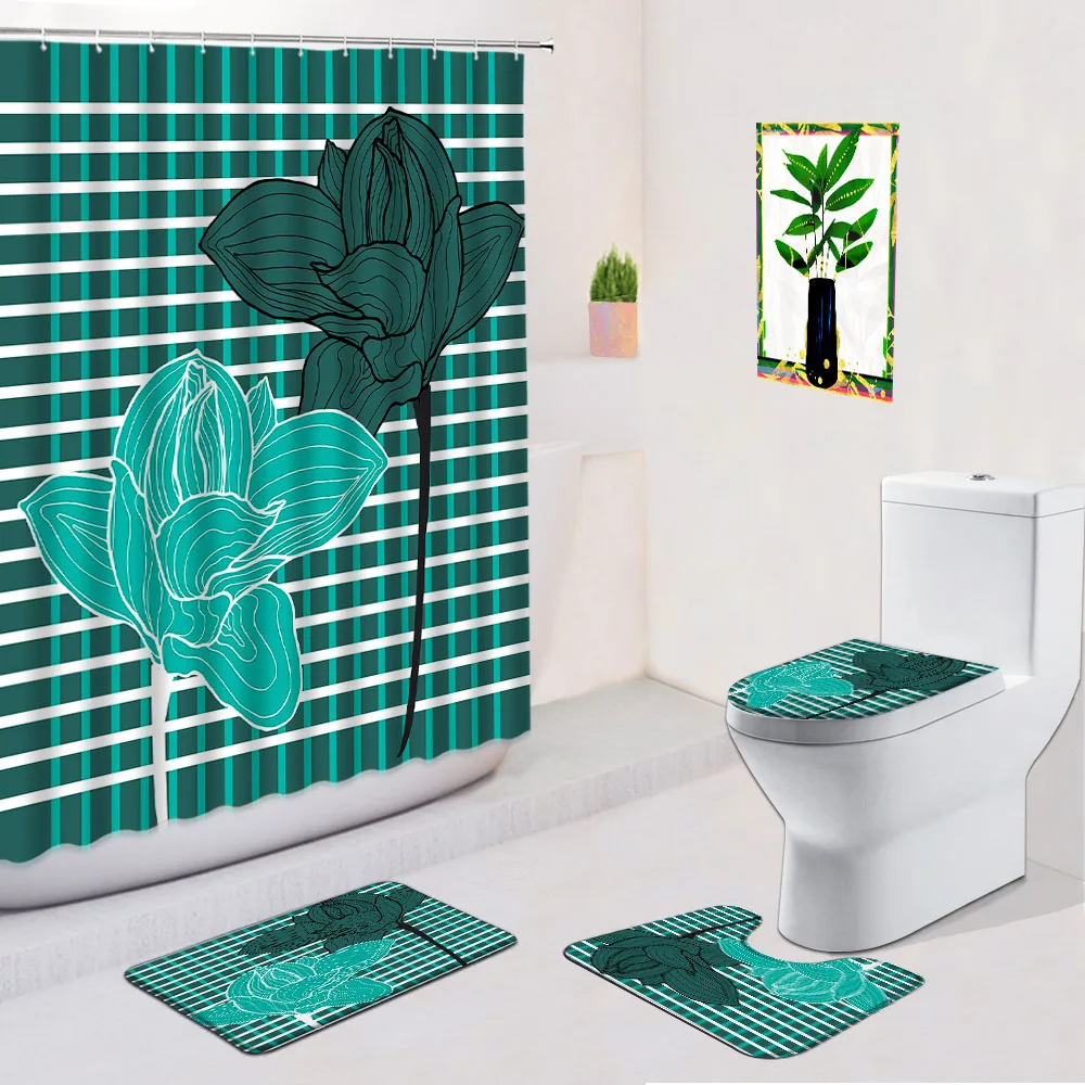 Boho 4pcs set Shower Curtains Bath Mat Mandala Pattern Creative Geometric Rose Flower Leopard Zebra Fabric Anti Slip Rugs Carpet - купить по