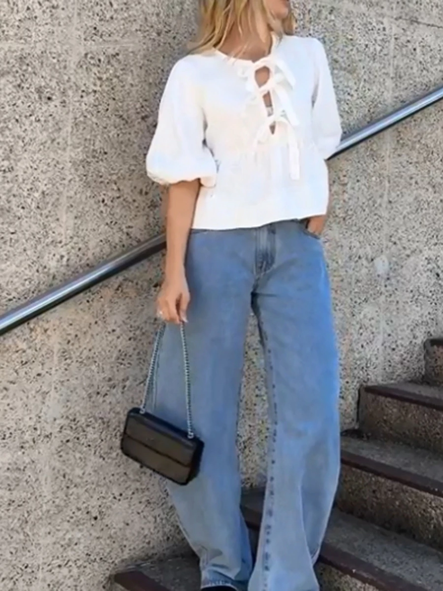 Женские рубашки с баской и коротким рукавом Однотонные блузки завязкой спереди