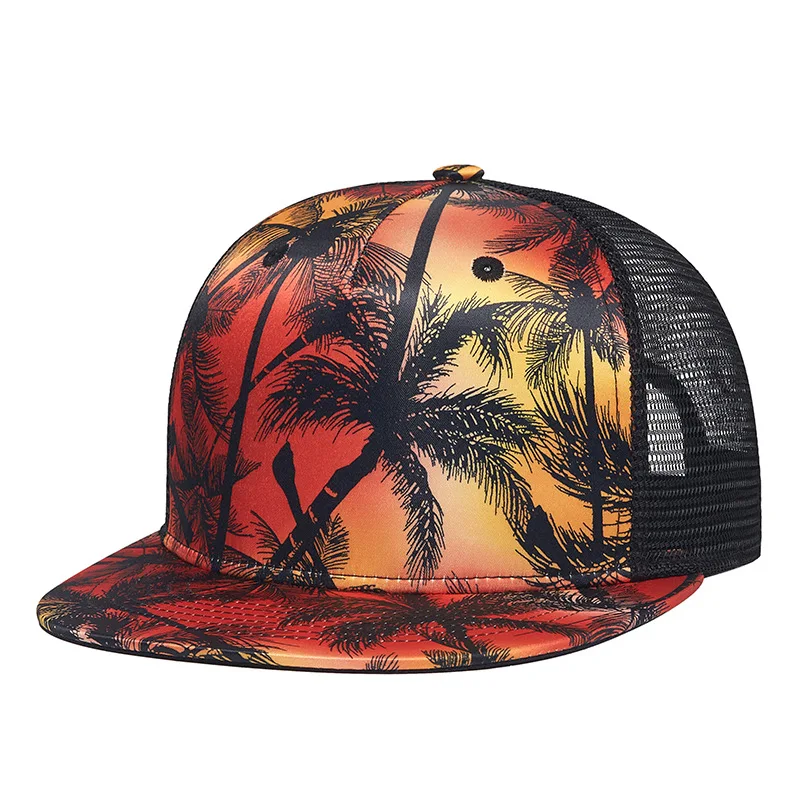 

2022 Summer Mesh Visor Trucker Cap Men Coconut Tree Print Hip Hop Baseball Cap For Women Red Snapback Sunscreen Hat Adjustable