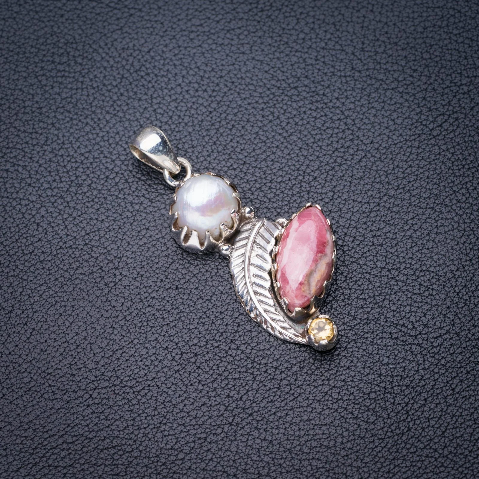 

StarGems Natural Rhodochrosite Citrine And Biwa Pearl Handmade 925 Sterling Silver Pendant 2" E4572