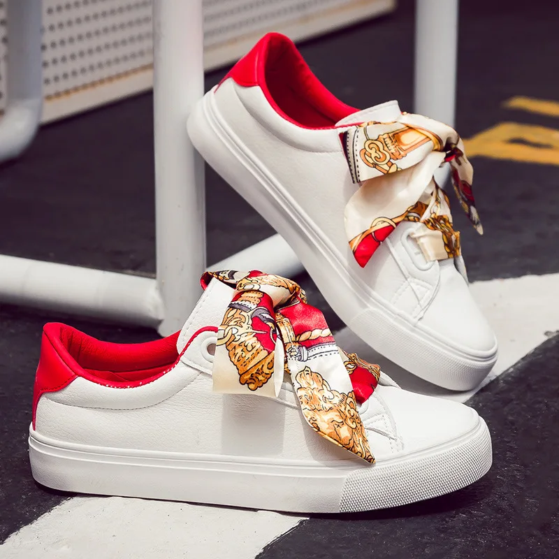 YeddaMavis Red Girl Sneakers New Fashion Silk Ribbon PU Leather Waterproof Flat Skate Lace Up Casual Shoes Women Vulcanize Shoes