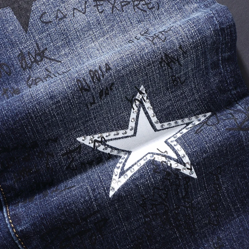 Street Fashion Men Jeans Retro Blue Elastic Printed Skinny Ripped Jeans Men Stars Painted Designer Hip Hip Brand Pants Hombre
