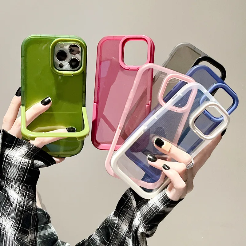 

Candy Color Clear Lens Stand Holder Phone Case For iphone 13 12 11 Pro Max Transparent Silicone Shockproof Frame Back Case Cover