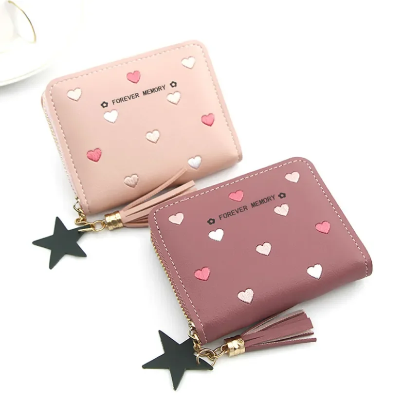 Purse Leather Heart Embroidery Short Wallet Ladies Tassels Star Pendant Money Bag Girl Small Wallets Money Clip 2021 New