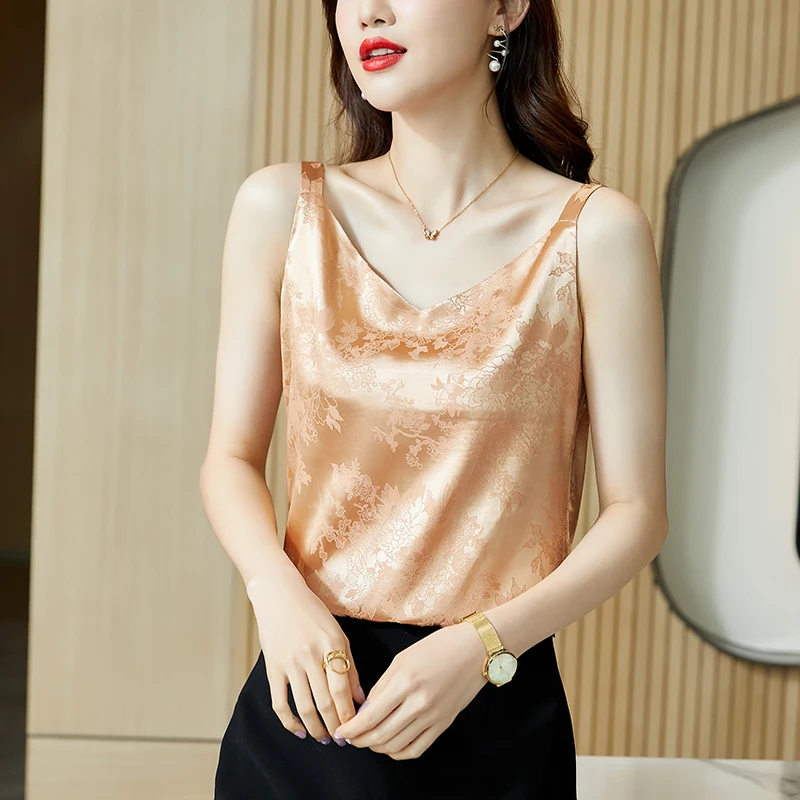 

Summer Silk Tank Top Women Satin Korean Fashion Beading Office Lady Spaghetti Strap Tank Top Camis White Tops for Women