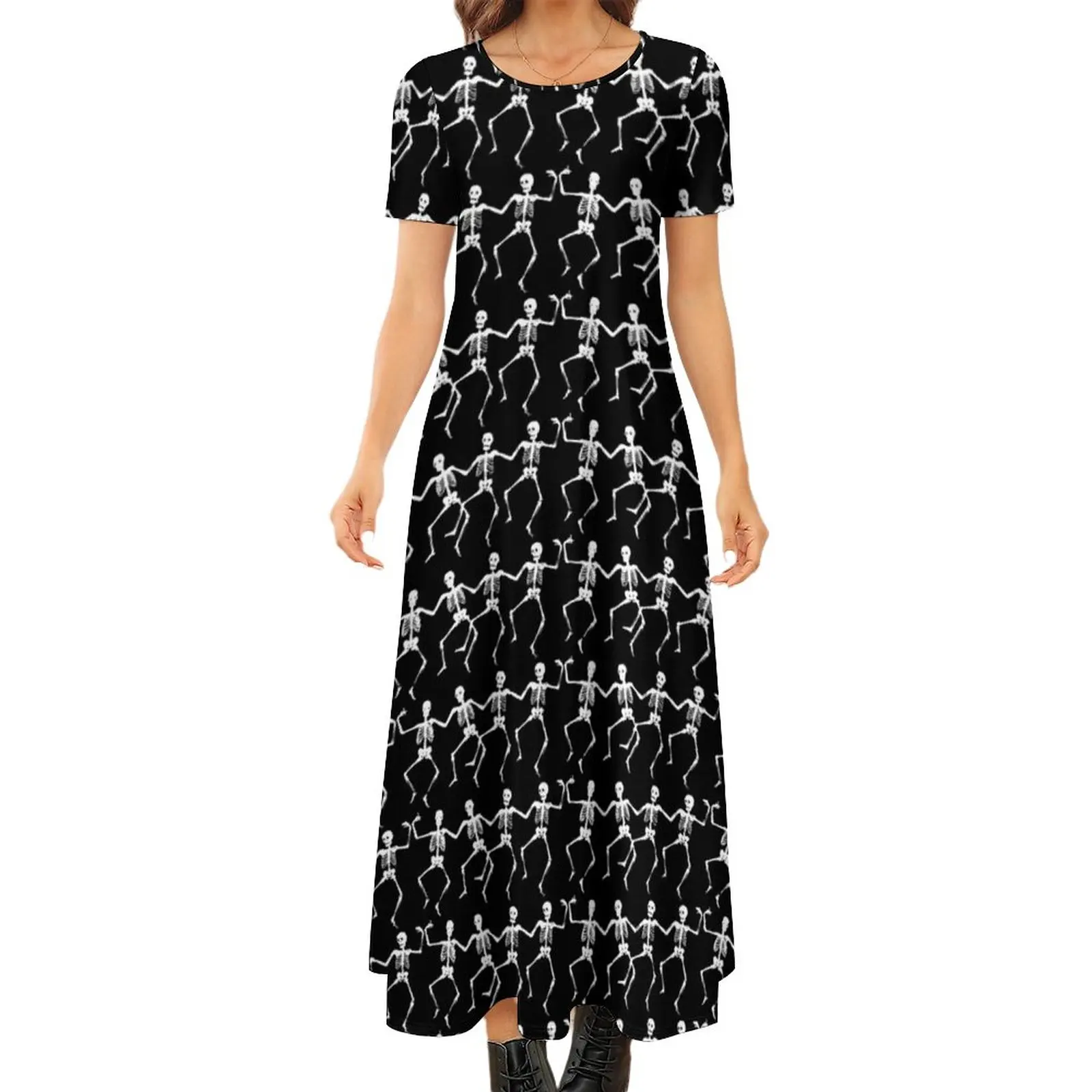 

Spooky Halloween Print Dress Dancing Skeletons Kawaii Maxi Dress Streetwear Beach Long Dresses Short Sleeve Oversize Vestidos