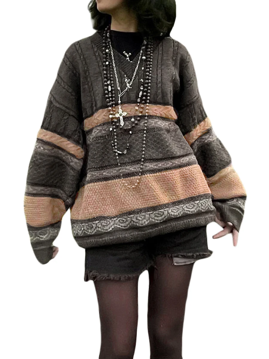 

2000s Vintage Sweater Y2K Women Casual Striped Long Sleeve Round Neck Preppy Style Pullover Tops Retro Grunge Knitwear