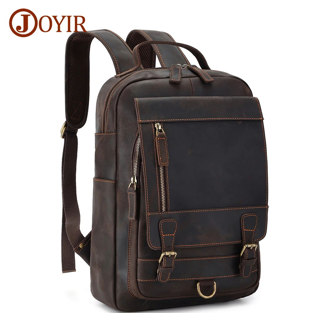 JOYIR Vintage Crazy Horse Leather Men's Backpack Large Capacity Travel Bags 15.6inch Laptop Backpack Computer Bag Schoolbag New