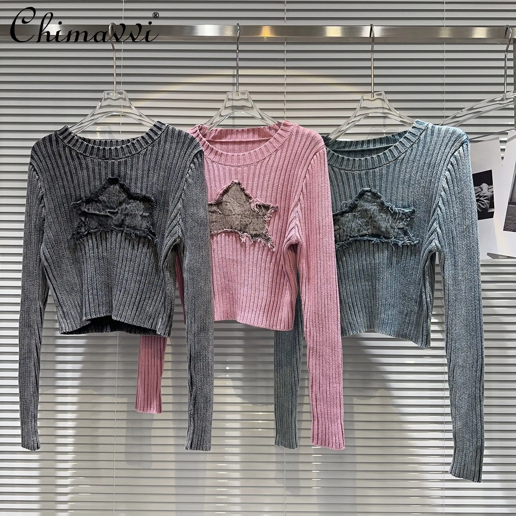 

Women's Sweater Autumn Clothes New Hot Girl Denim Pattern Washed Pullover Long Sleeve Short Slim-fit Temperament Knitted Top