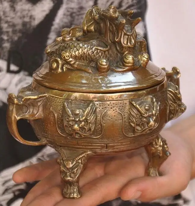 Old Chinese Bronze Dragons Loong Dragon Beast Head Statue Incense Burner Censer |