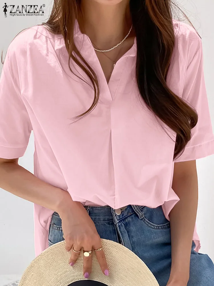 

Рубашка ZANZEA женская с коротким рукавом, модная Повседневная Блузка с лацканами в Корейском стиле, свободная белая уличная одежда, лето 2023