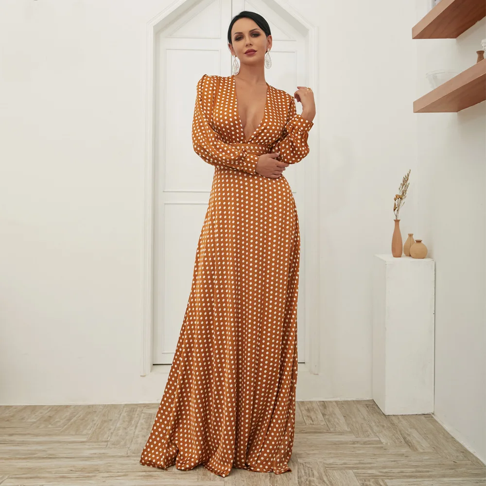 

European and American Slit Dress Spring New Bohemian V-neck Print Polka Dot Waist Long Sleeve Dresses Maxi Dresses for Women