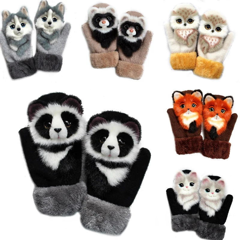 Womens Cute Cartoon Animals Winter Warm Gloves Full Finger Knitted Plush Outdoor Thermal Mittens