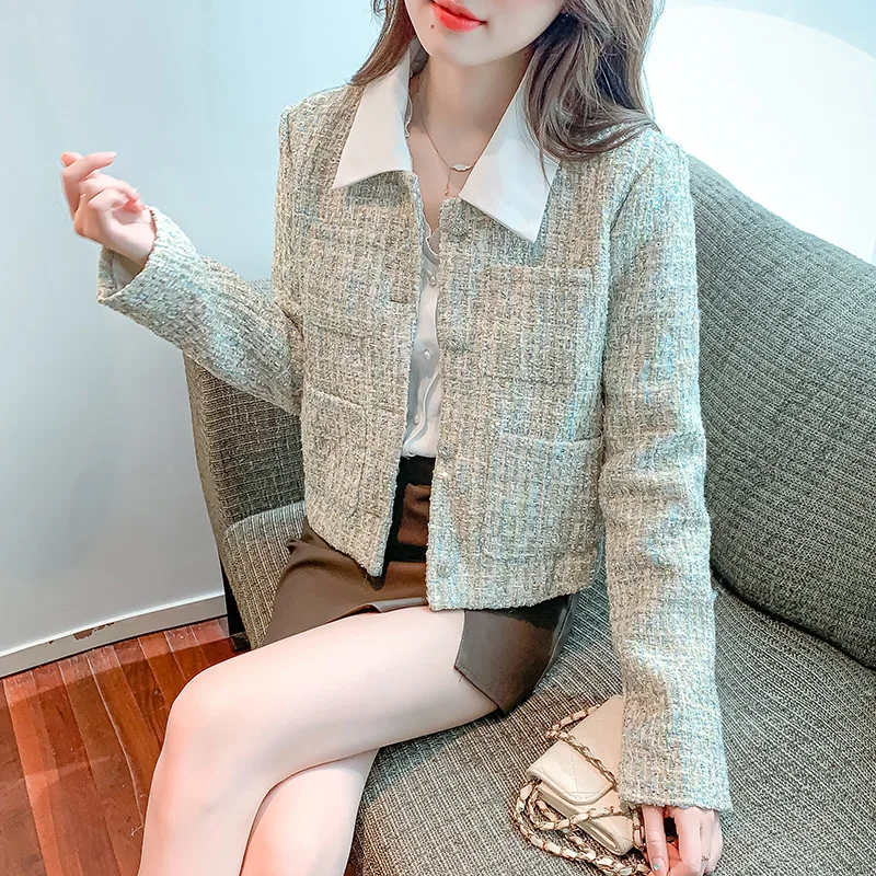 

Fashion Contrast Color Short Women Suit Jacket 2022 Autumn New Tweed Coat Elegant Korean Style Outwear Tops Female