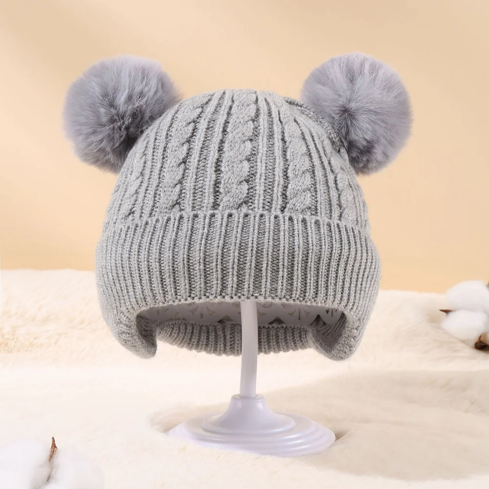 

Winter Thicken Warm Knit Baby Hat Kids Girls Boys Furry Balls Double Pompom Solid Warm Cute Lovely Beanie Cap Gifts