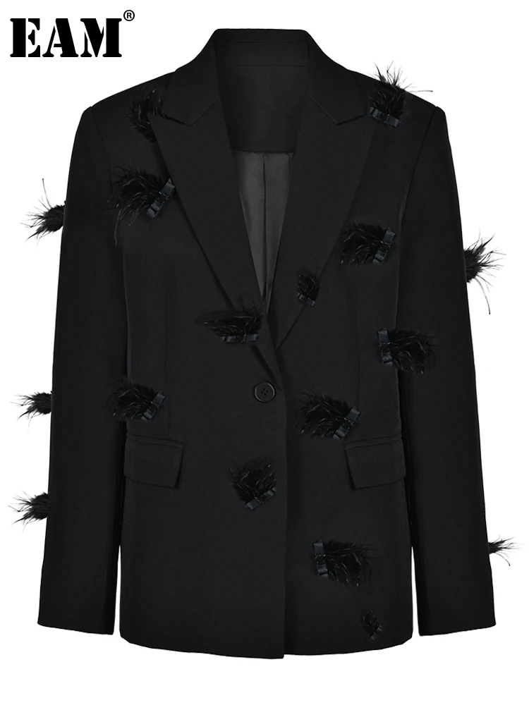 

[EAM] Women Black Nailed Feather Elegant Blazer New Lapel Long Sleeve Loose Fit Jacket Fashion Tide Spring Autumn 2023 CP1821