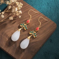 new china style element earrings for women jewelry enamel craft white water drop hetian jade green flower vintage court earrings