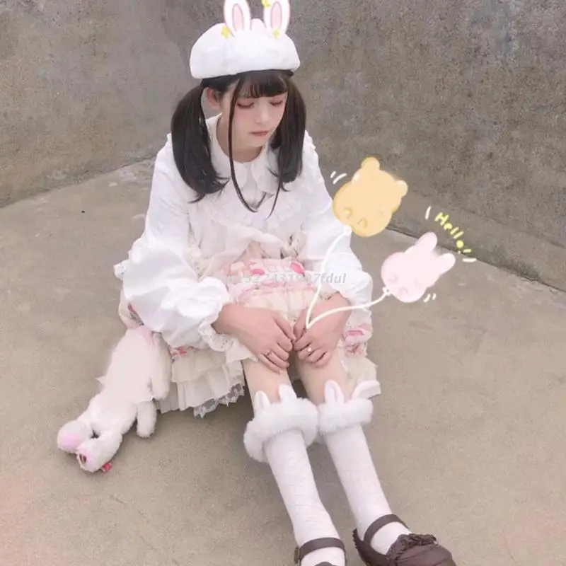 

Women Lolita Plush Rabbit Ears Calf Socks Sweet Kawaii Fluffy Faux Fur Trim Diamond Plaid Jacqaurd Winter Tube Stockings