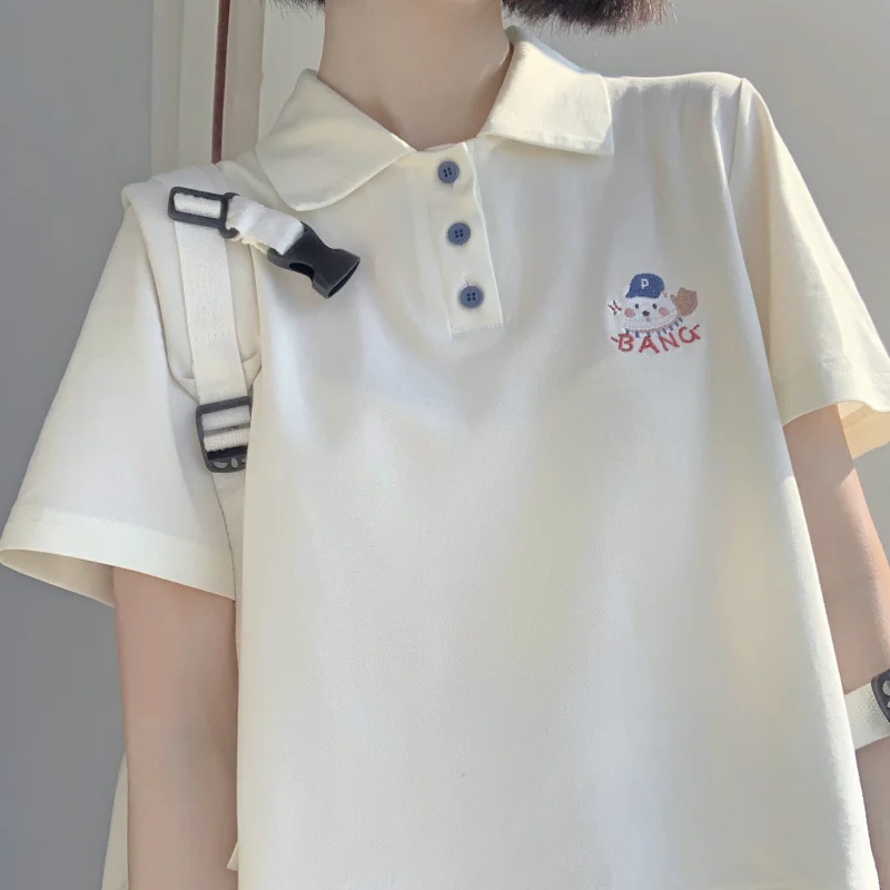 

Summer Women's Japanese Soft Girl Embroidery Polo Collar T-shirt Girl Loose Short Sleeve Pullover Tops Sweet Cute Student Fresh