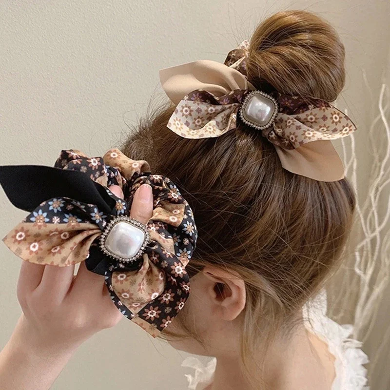 

New Diamond-Studded Pearl Floral Bow Large Intestine Hair Ring Super Fairy Headdress Girl Sweet Heart Accessories Hair Clips