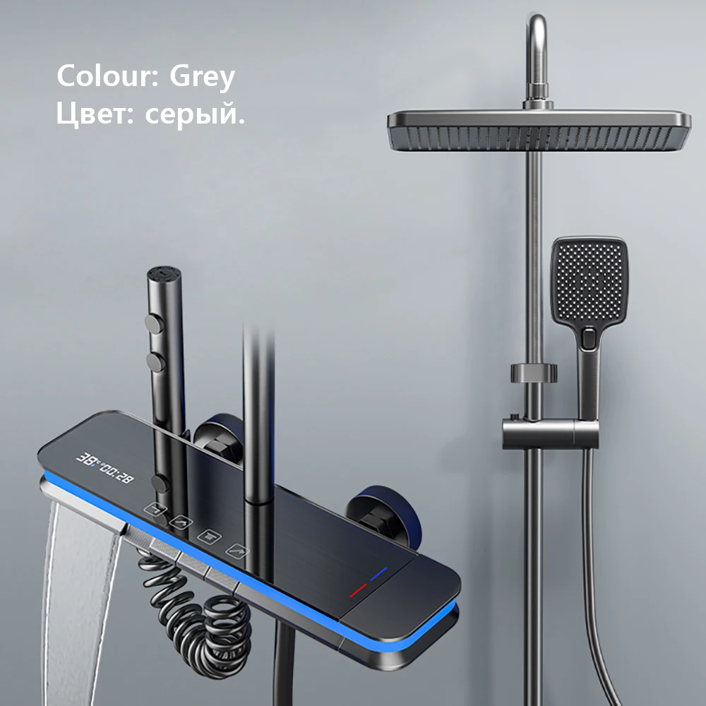 Матовая серая душевая система с водопадом, стеклянная панель, смеситель для дождя, душевой набор, интеллектуальный смеситель для душа с цифровым дисплеем для ванной комнаты Горячая холодная вода Температура дождь 4 фун