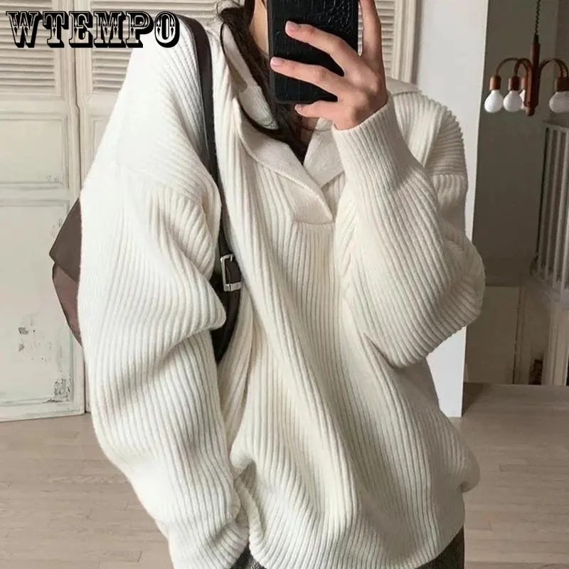 

Women Knitted Ribbed Loose Sweater V-neck Long-sleeved Oversize Pullovers Solid Sweater For Women Jumpers Winter Autumn