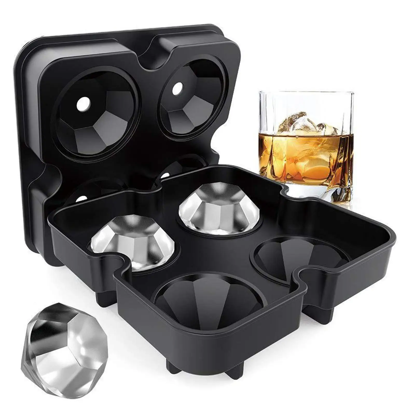 

Diamond Ice Cube Mold Tray Silicone Flexible 4-Ice Trays Maker Mould w/Lid
