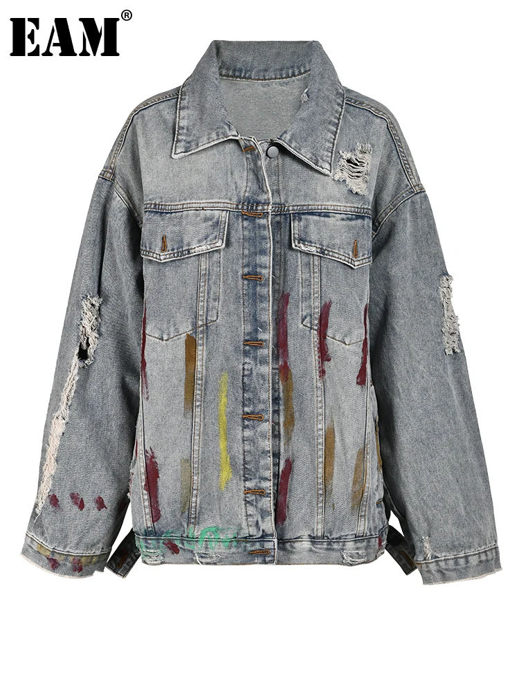 

[EAM] Loose Fit Blue Denim Holes Big Size Casual Jacket New Lapel Long Sleeve Women Coat Fashion Tide Spring Autumn 2023 CP1876