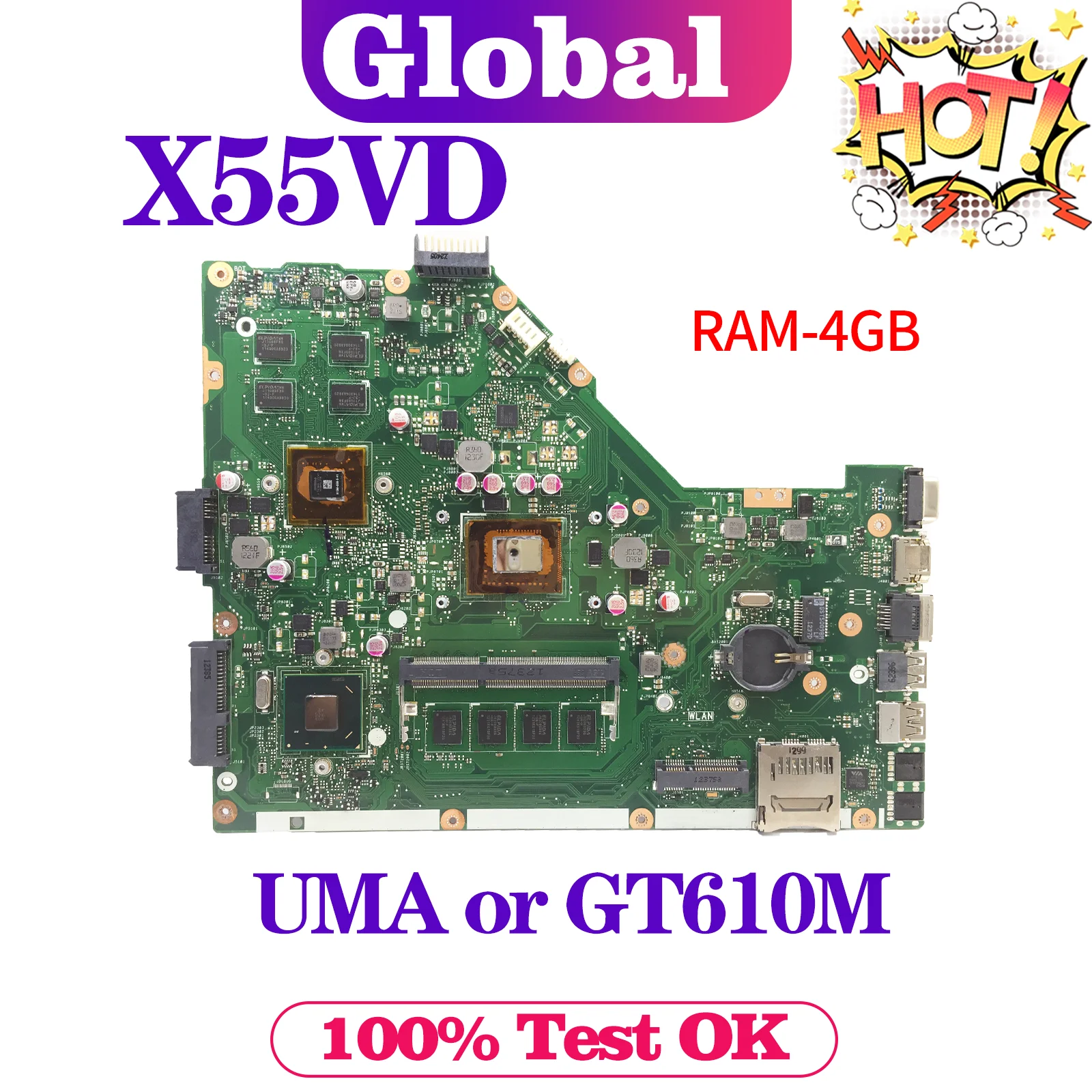 KEFU Mainboard For ASUS X55VD F55VD X55C F55C Laptop Motherboard I3-2th Gen or Support i3 i5 UMA/GT610M MAIN BOARD 4GB-RAM