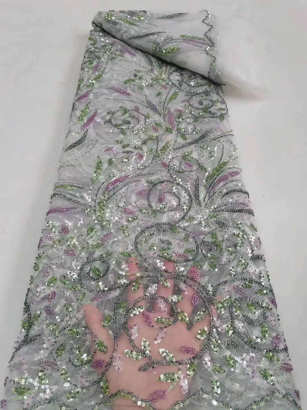 

5 Yards Tulle Net AFrican Lace Fabric Beaded Lace 2023 High Quality blue Nigeria Sequin Fabrics for Wedding Evening Dress