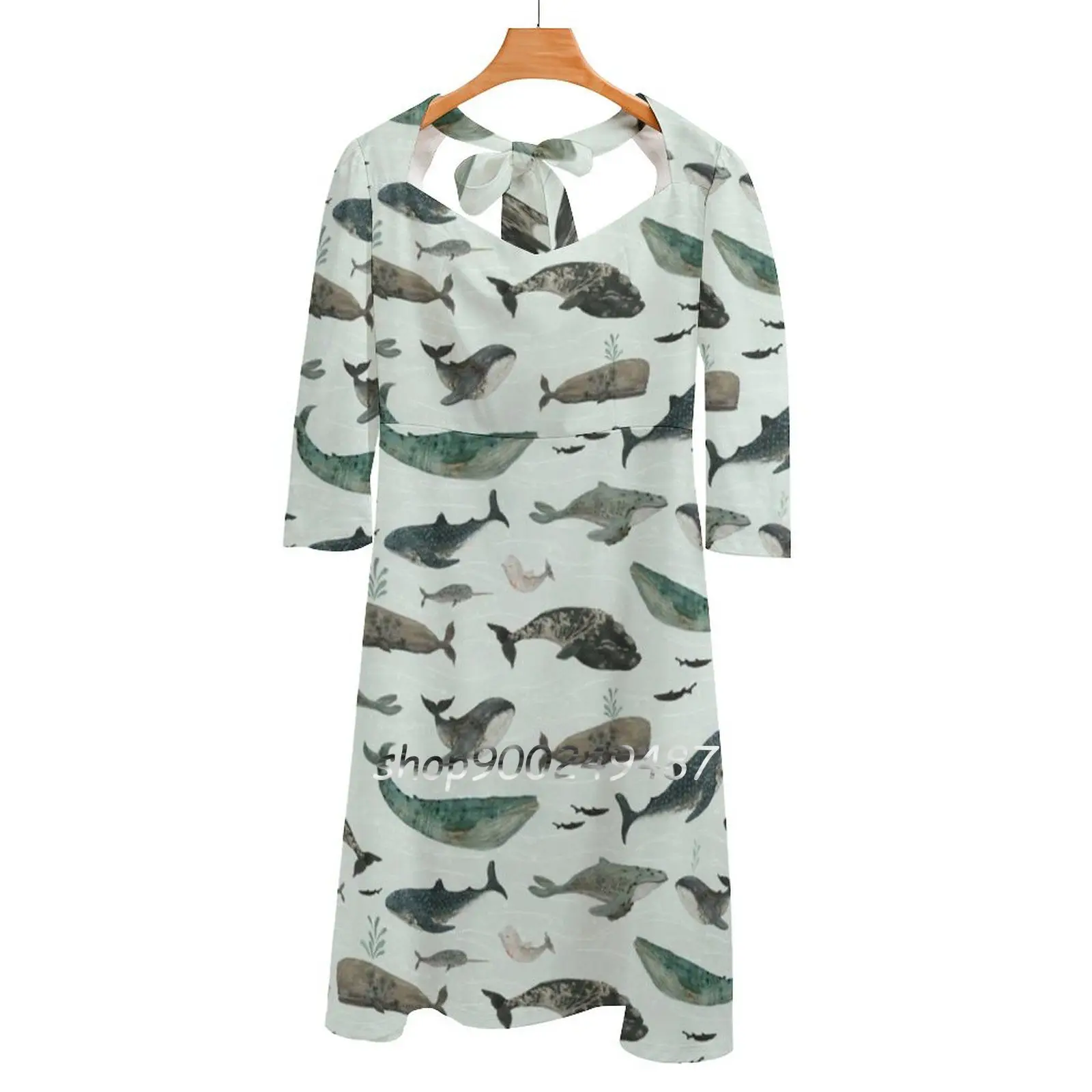 

Tattooed Whales Sweetheart Knot Flared Dress Fashion Design Large Size Loose Dress Whales Tattoo Blue Green Grey Sea Ocean Swim