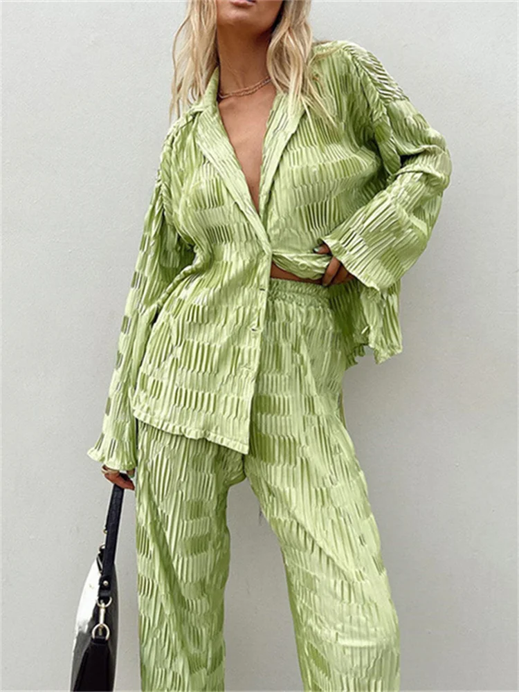

Thorn Tree 2 Pieces Female Solid Lapel Long Sleeve Ruched Button-Down Shirts Tops High Waist Long Pants Women Green Suits 2022
