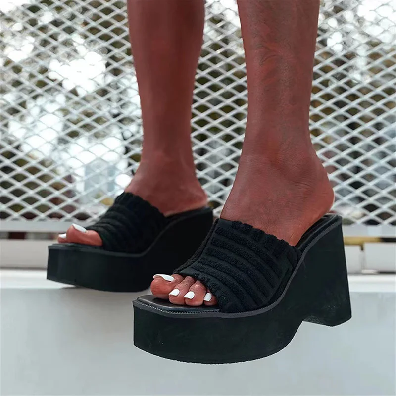 

2022 Women New Wedge Heels Slippers Female Towel Fahion Platform Shoes Ladies Solid Color Square Toe Slip On Footwear Summer