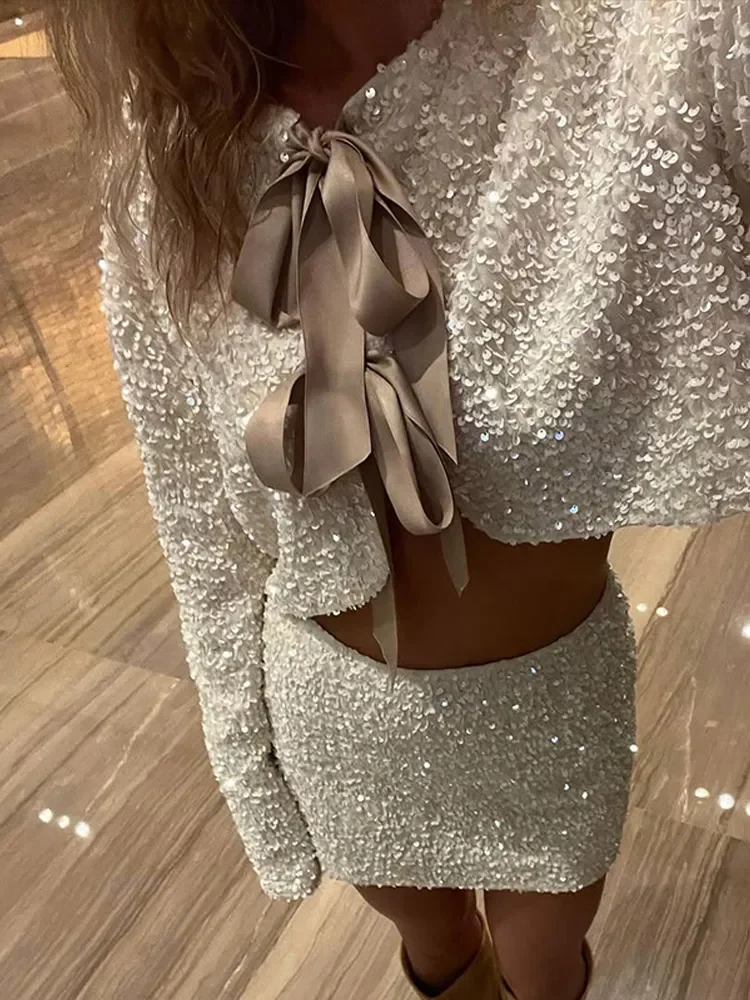 2025 Новогодние женские блестящие наряды элегантный бант на шнуровке с круглым