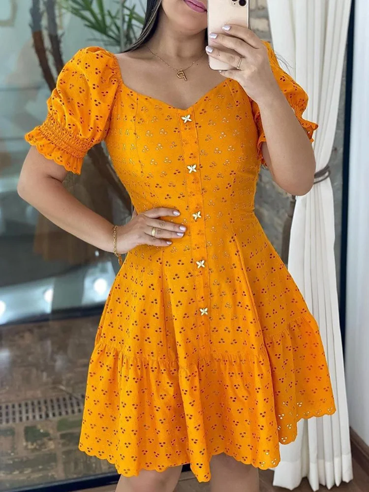 

Puffed Sleeve Hollow Out Dress Women V Neck Daily Sweet Summer Dress