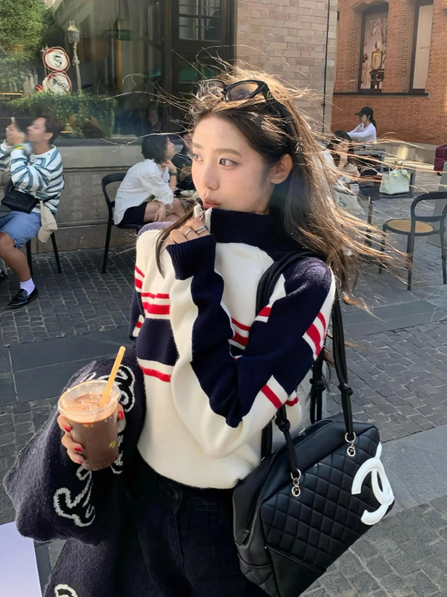 Американский винтажный вязаный женский осенний топ на половину молнии