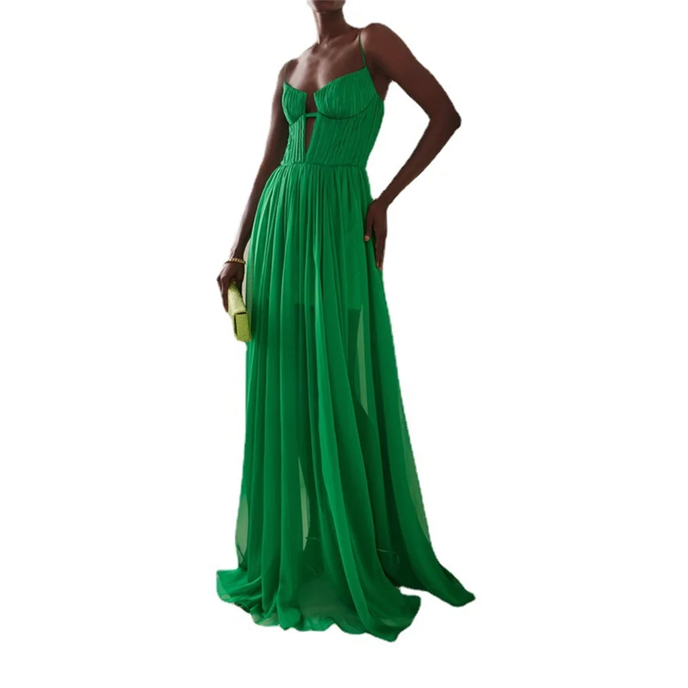 Green Women Evening Party Dress 2023 New in Sexy Spaghetti V-neck Backless High Split Long Gown Ladies Elegant Prom Maxi Dresses